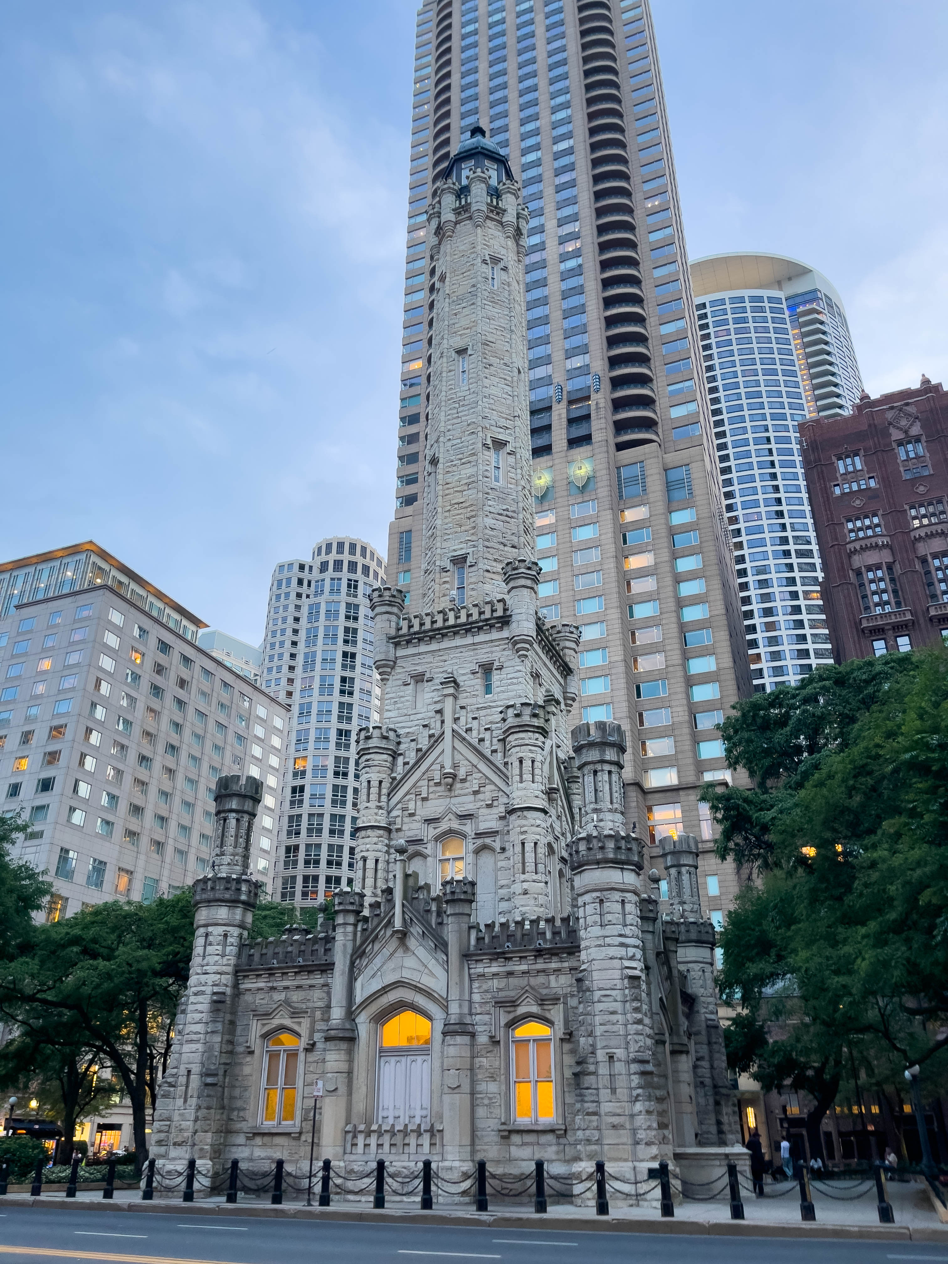 Picture of the Chicago water tower! It's a lot older than the rest of the buildings around it because it survived a fire that took down a bunch of Chicago.