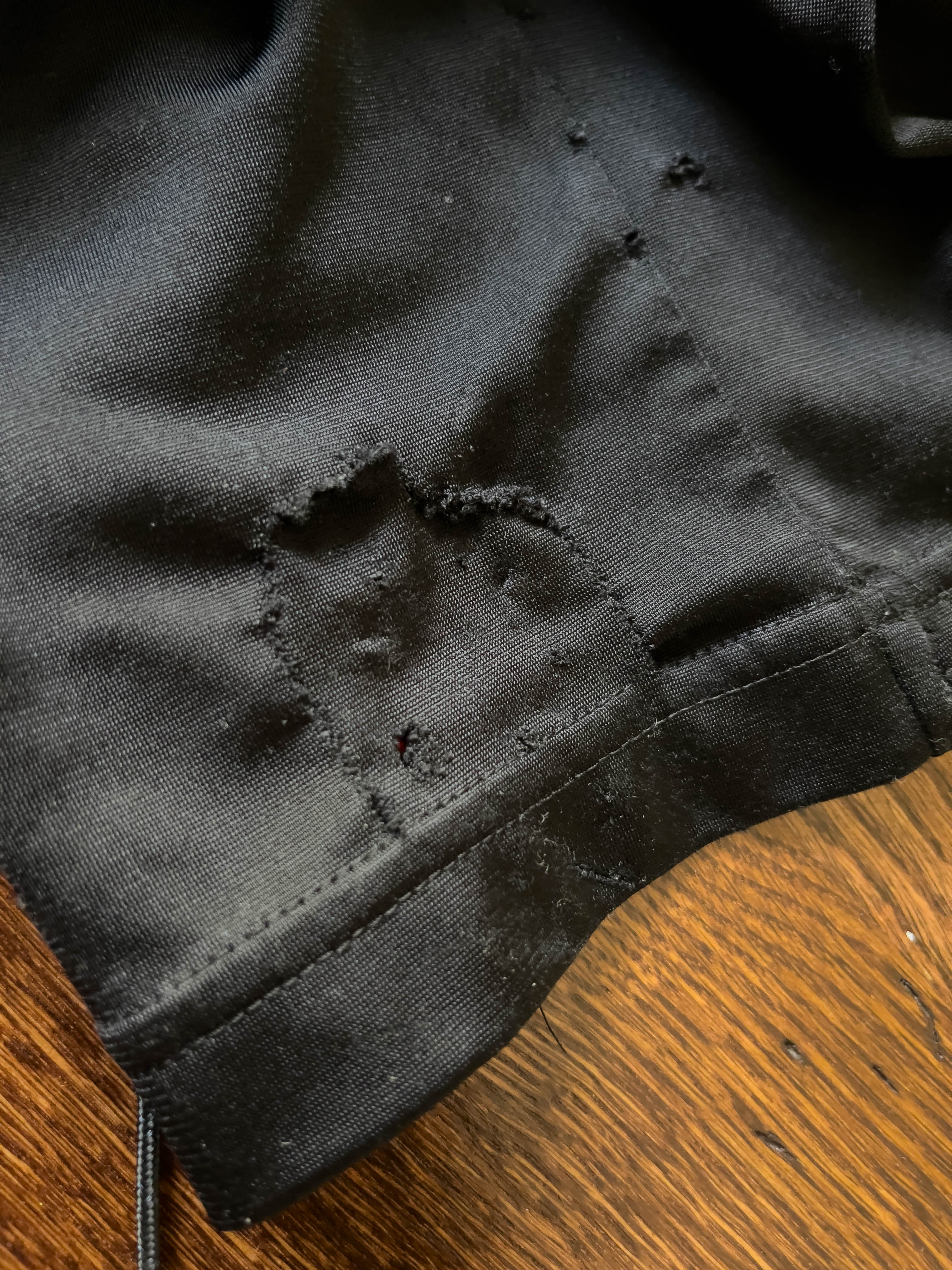 A sewing repair I did on my pants! I was experimenting with different combinations of over/under, seems like over tends to be a bit cleaner, no extra fluff poking out...